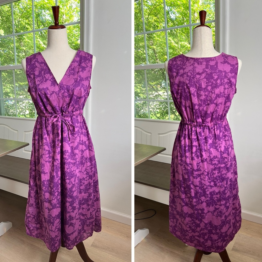 Eddie Bauer 100% Cotton Crossover Front Lined Sleeveless Tie Waist Midi Dress